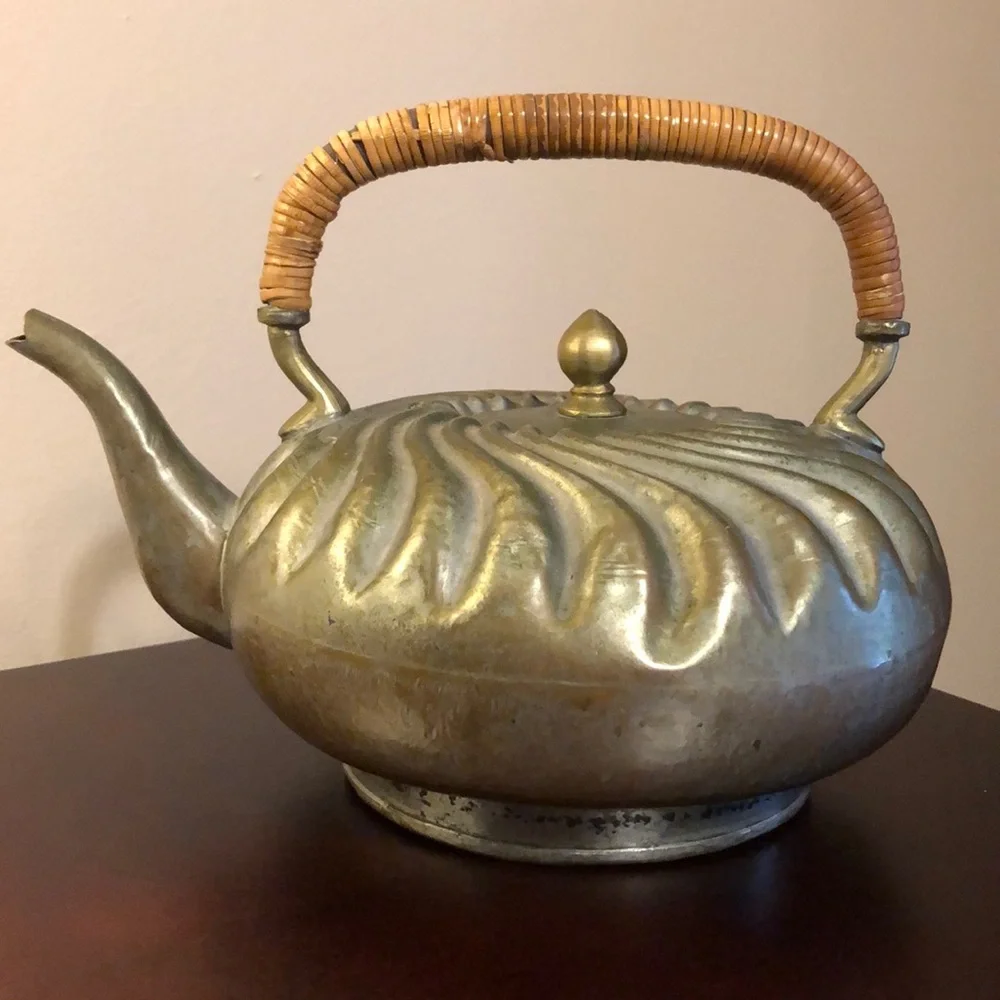 Antique CHINA Secessionist Teapot Woven Bamboo Handle Art Nouveau